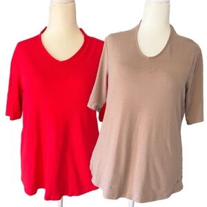 ISAAC MIZRAHI LIVE BUNDLE - Essentials 100% Cotton Tees – Red & Taupe – Size L